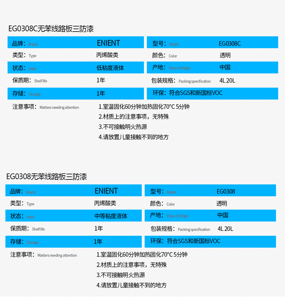 EG0308無(wú)苯線路板三防漆具有優(yōu)異的防水、防潮、防塵、絕緣性能，同時(shí)耐冷熱沖擊、耐老化、耐輻射、耐鹽霧、耐腐蝕、耐振動(dòng)、耐電弧，柔韌性、附著力等性能良好，帶熒光指示，可檢查噴涂是否到位。